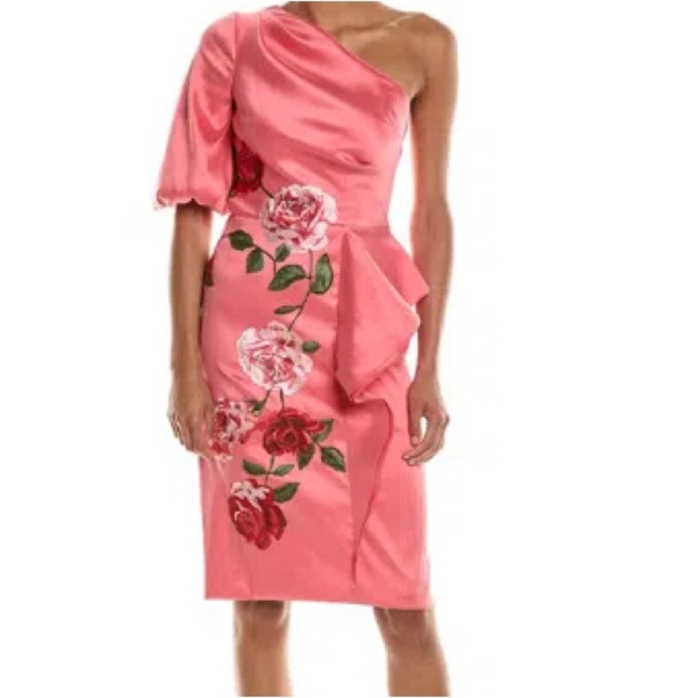 TERI JON STRETCH GAZAR ONE-SHOULDER EMBROIDERED SHEATH DRESS IN CORAL